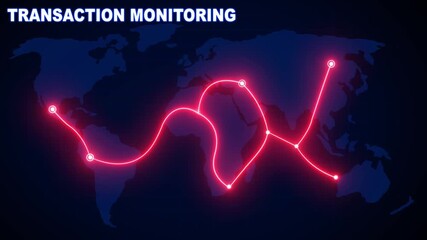 Transactions monitoring concept. glowing red path connecting points on dark world map illustrating suspicious financial activity and global financial network monitoring. sales countdown, growth. 4K - Powered by Adobe