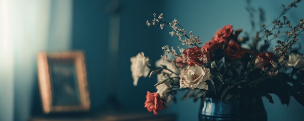 Red and white flowers vase teal room.  Photo for home decor, blogs