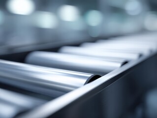 Fototapeta premium Automated factory conveyor belts transporting products, streamlined industrial workflow