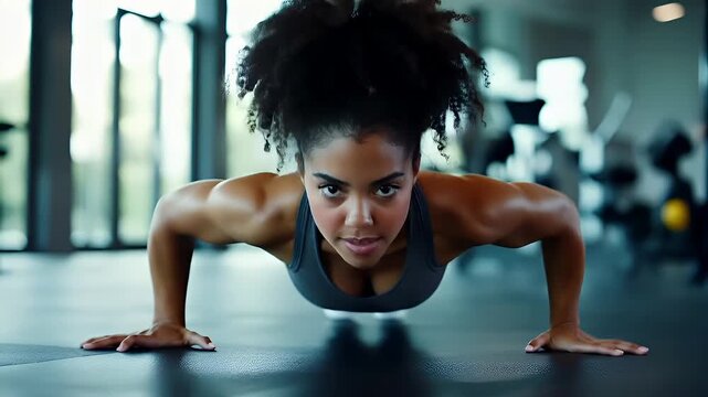 Fitness. Exercise. New Year resolution. Healthy lifestyle theme. woman performing pushups in gym setting.