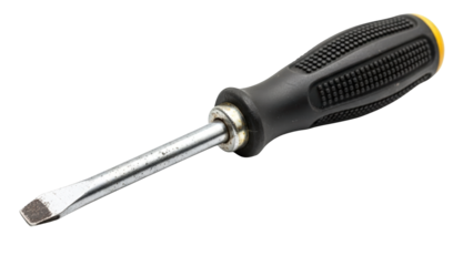 A flathead screwdriver with a black handle and yellow accent on transparent background