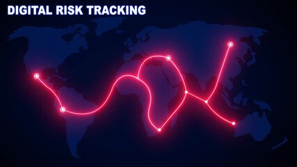 Abstract digital risk tracking concept with glowing red path connecting points on dark world map illustrating suspicious financial activity and global financial network monitoring. 4K video animation - Powered by Adobe