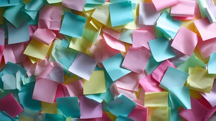 Scattered pastel sticky notes in soft pink, yellow and blue shades, perfect for creative planning, office visuals