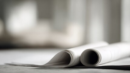 Fototapeta premium Architect rolls and architectural plan with detailed technical project drawings on a clean desk, professional planning and design environment, neutral tones, high realism, commercial stock style
