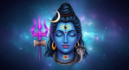 Wallpaper of God Mahakal Shiva The Destroyer Powerful Hindu God with trident and snake in Galaxy and Moon on head