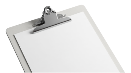 A blank white clipboard with a silver clip on transparent background