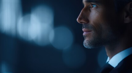 High-end corporate portrait of wealthy CEO, dark office lighting, AI technology and financial charts overlay, leadership and innovation concept, website hero