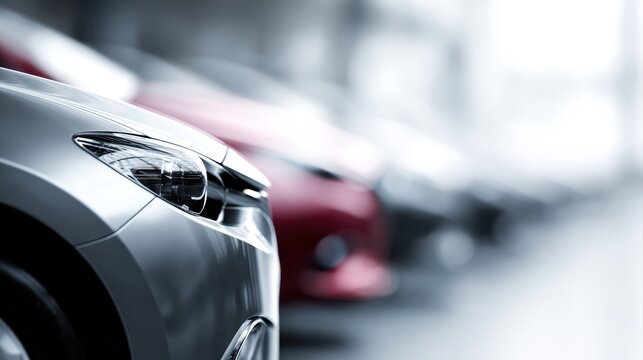 Used car sales banner background, cars parked in a row, automotive dealership marketing concept