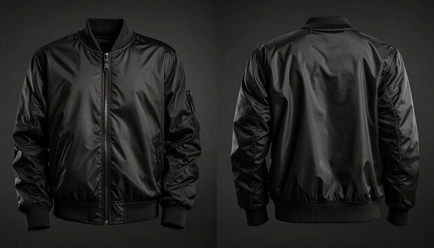 "Show a black bomber jacket with shiny texture, ribbed cuffs, collar, and waistband, displayed front and back on a light background."