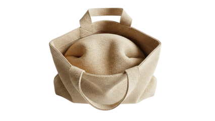 A beige cloth bag with handles on transparent background, used for carrying items in a stylish and eco-friendly way