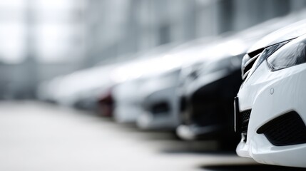 Obraz premium Cars lined up at used car dealership, sunny day, clean commercial automotive background