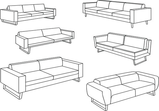 Set of modern sofa and couch vector outlines with various minimalist lounge furniture designs in perspective view