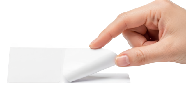 A hand peeling off a white sticker from a transparent background for labeling purposes - Powered by Adobe