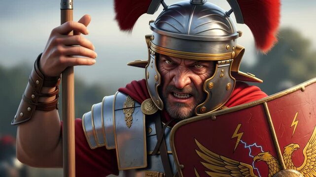 Man roman soldier in armor holding spear with angry expression. Historical warrior concept for military history.