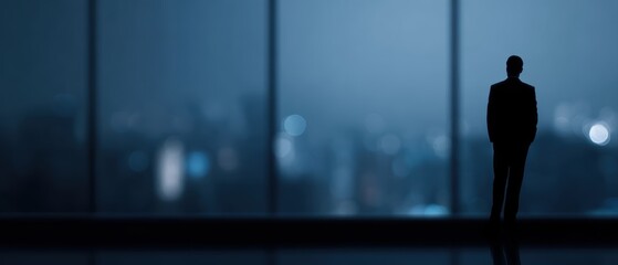Fototapeta premium Confident business executive standing by floor-to-ceiling window at night city skyline, luxury lifestyle, dark tone, investment success and future vision concept