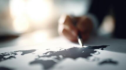 Business professional drafting a detailed international expansion plan, global market analysis charts, world map overlay, strategic planning workspace