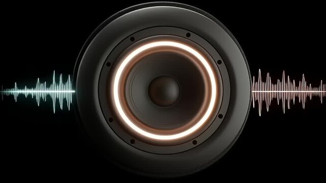 Modern audio speaker emitting sound waves in a dark environment, showcasing high-quality sound design