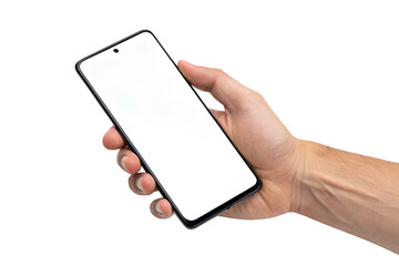 Hand holding smartphone with blank white screen on black background for mockup isolated on transparent background