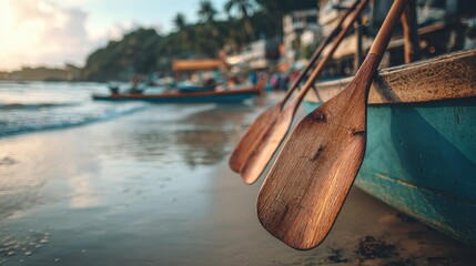 Wooden Paddles Against Boat on Beach