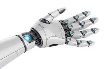 A white futuristic robotic hand and arm with glowing blue lights on a black background isolated on transparent background