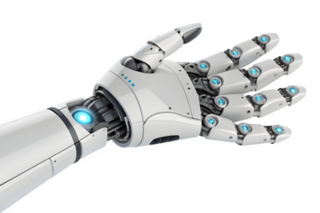 A white futuristic robotic hand and arm with glowing blue lights on a black background isolated on transparent background