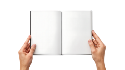 Hands holding open book with blank pages