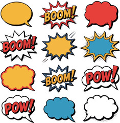 Create Cartoon comic sign burst clouds. Speech bubble, boom sign expression and pop art text frames. Comics mem expressions speech, superhero book bubbles label. Isolated vector symbols set on white B © MDKHURSHED