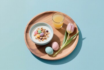 Easter breakfast tray with yogurt, colorful eggs, tulip, and orange juice on blue background