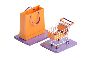 An isometric 3d rendering of an orange shopping bag and a small shopping cart isolated on transparent background
