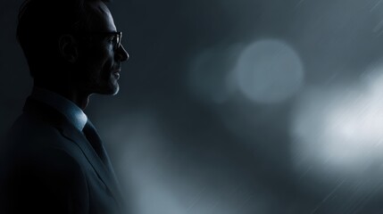 Corporate dark mood portrait of rich businessman, AI data streams and digital finance elements, leadership and innovation hero image