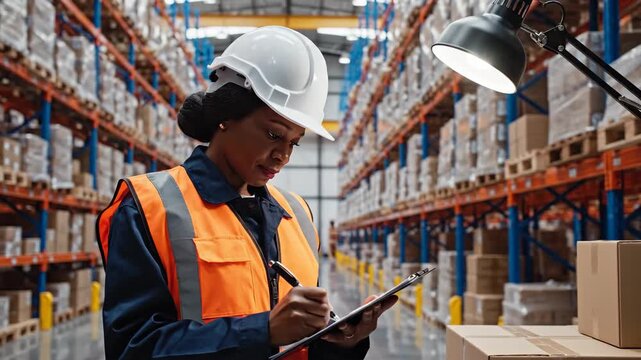 Worker inspecting shelves in warehouse with clipboard and pen