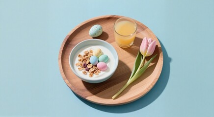 Spring breakfast: yogurt with colorful eggs, juice, and tulip on wooden tray