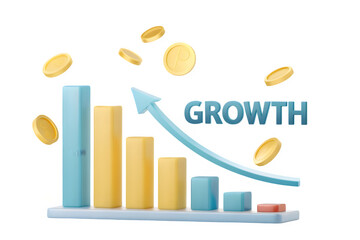 Visualization of financial growth and investment success with rising bar graph and money coins isolated on transparent background