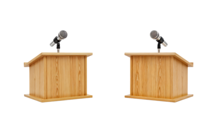 Two wooden podiums with microphones