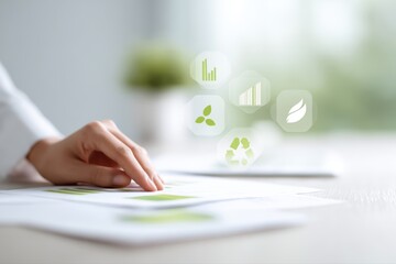 Business analysis scene focusing on sustainable business practices, professional reviewing documents with eco icons and graphs, modern minimal office environment