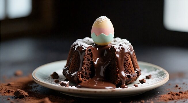 Decadent chocolate lava cake with pastel easter egg and powdered sugar on plate