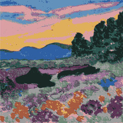 Flower meadow in a sunset - Water color painting