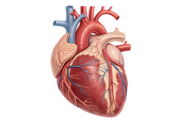 A detailed anatomical illustration of the human heart showing major blood vessels and coronary circulation isolated on transparent background