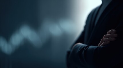 Luxury businessman investor with crossed arms in dark boardroom, AI analytics interface floating, fintech and wealth management concept, cinematic corporate mood