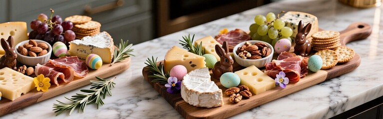 Gourmet cheese and charcuterie board with easter decorations on marble countertop