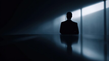 Luxury corporate leader standing alone in dark boardroom, AI finance interface glowing, strategic investment concept, hero website image