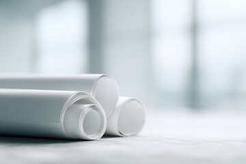 Architectural plans and rolled drawings arranged on drafting table, engineering and construction concept, clean lighting, realistic textures, no people