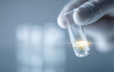 Scientist hands holding water sample vial under microscope, digital analytics overlay highlighting toxic forever chemicals, sustainability report design