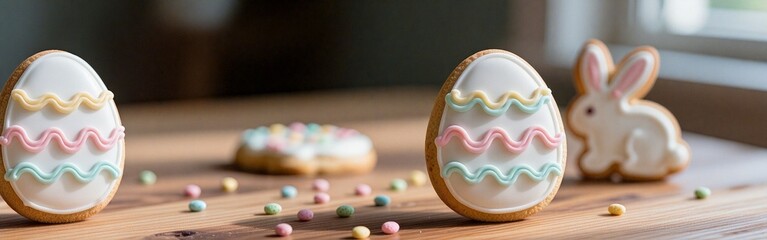 Colorful easter cookies with pastel icing and bunny decor on wooden table
