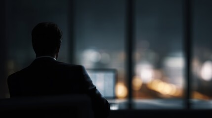 High-end corporate executive in luxury office, dark lighting, AI-powered investment strategy visuals, hero website image