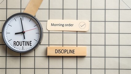 Clock face and wooden blocks showing morning order and discipline