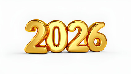 Golden 2026: shiny metallic three-dimensional number against a pristine white background