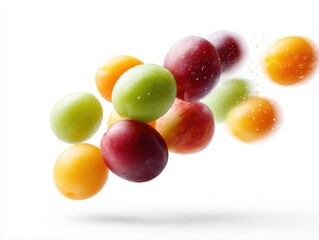 Dynamic airborne fruits and vegetables, isolated on white background, modern commercial food photography