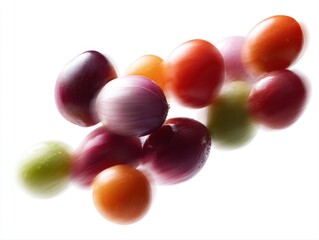 Dynamic airborne fruits and vegetables, isolated on white background, modern commercial food photography