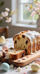 Homemade iced raisin bread with easter decor in sunlit kitchen